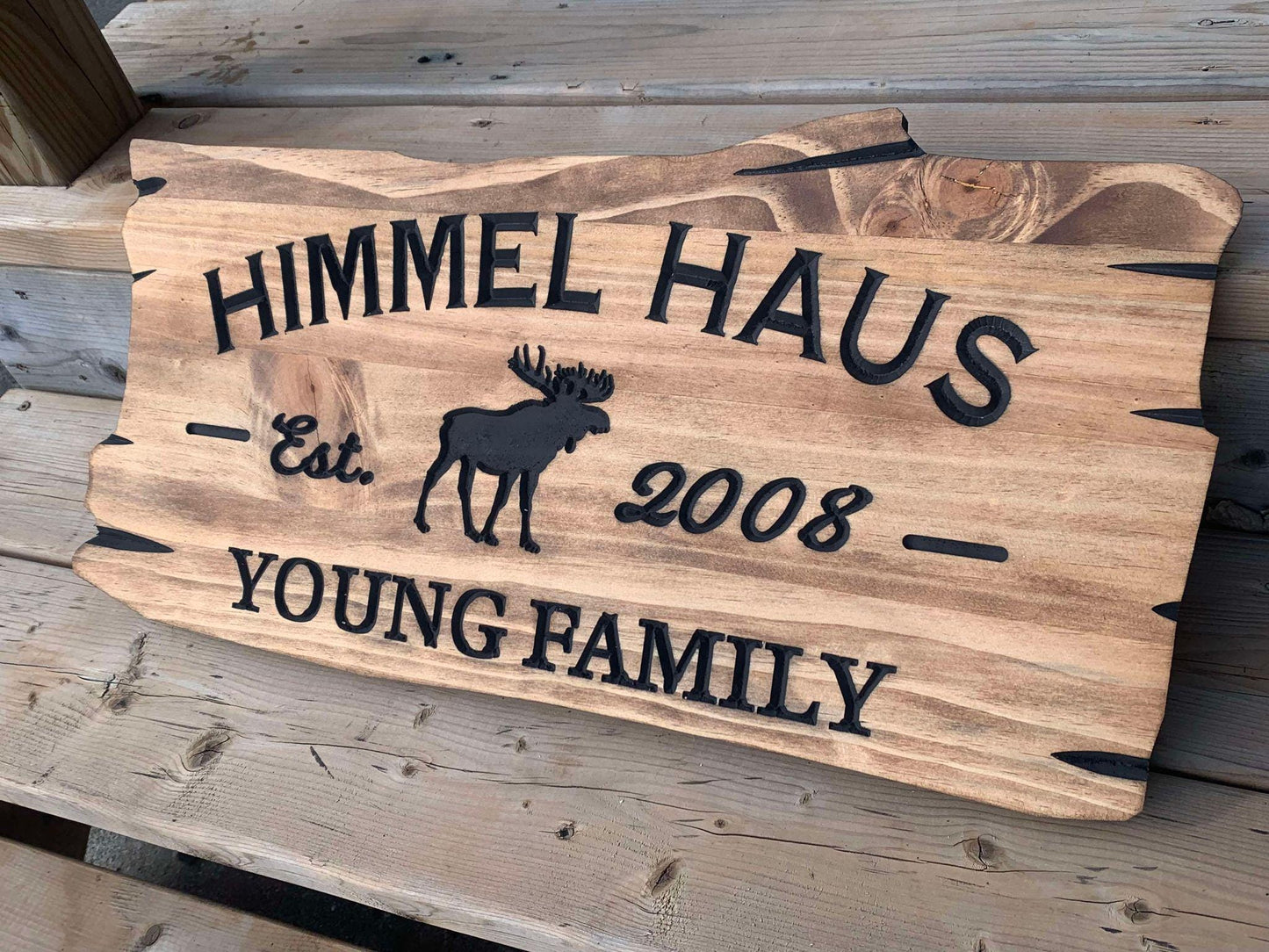 Rustic Wooden Cabin Sign with Moose Detail - Personalized Outdoor Decor