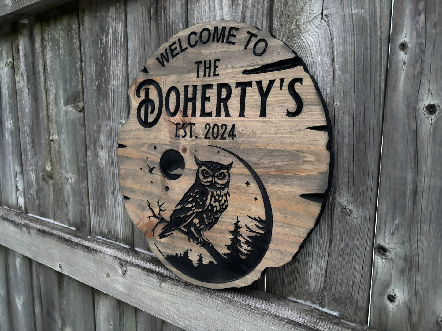 Custom Owl Sign – Personalized Wooden Owl Decor, Rustic Wall Art for Cabin, Nursery, or Home, Carved Animal Gift