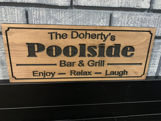 Personalized Outdoor Poolside Sign | Custom Engraving | Family Name Sign | Anniversary Gift | Wooden Engraved Sign | Wood Sign