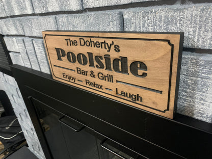 Personalized Outdoor Poolside Sign | Custom Engraving | Family Name Sign | Anniversary Gift | Wooden Engraved Sign | Wood Sign