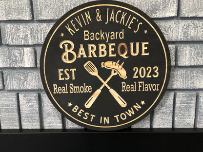Custom Outdoor Backyard BBQ Sign | Custom Name Engraving | Personalized BBQ Sign | Custom Wood Sign | Carved Wooden Sign | Wedding Gift |