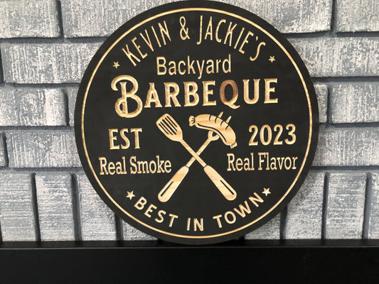 Custom Outdoor Backyard BBQ Sign | Custom Name Engraving | Personalized BBQ Sign | Custom Wood Sign | Carved Wooden Sign | Wedding Gift |