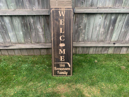 Personalized Family Welcome Sign, Custom Wood Sign, Welcome Sign, Wooden Sign, Engraved Wood Sign, Hockey family Welcome Sign