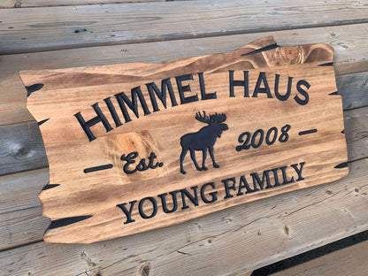 Rustic Wooden Cabin Sign with Moose Detail - Personalized Outdoor Decor