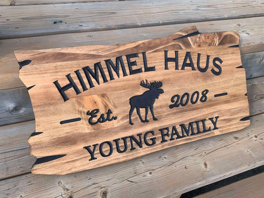 Rustic Wooden Cabin Sign with Moose Detail - Personalized Outdoor Decor