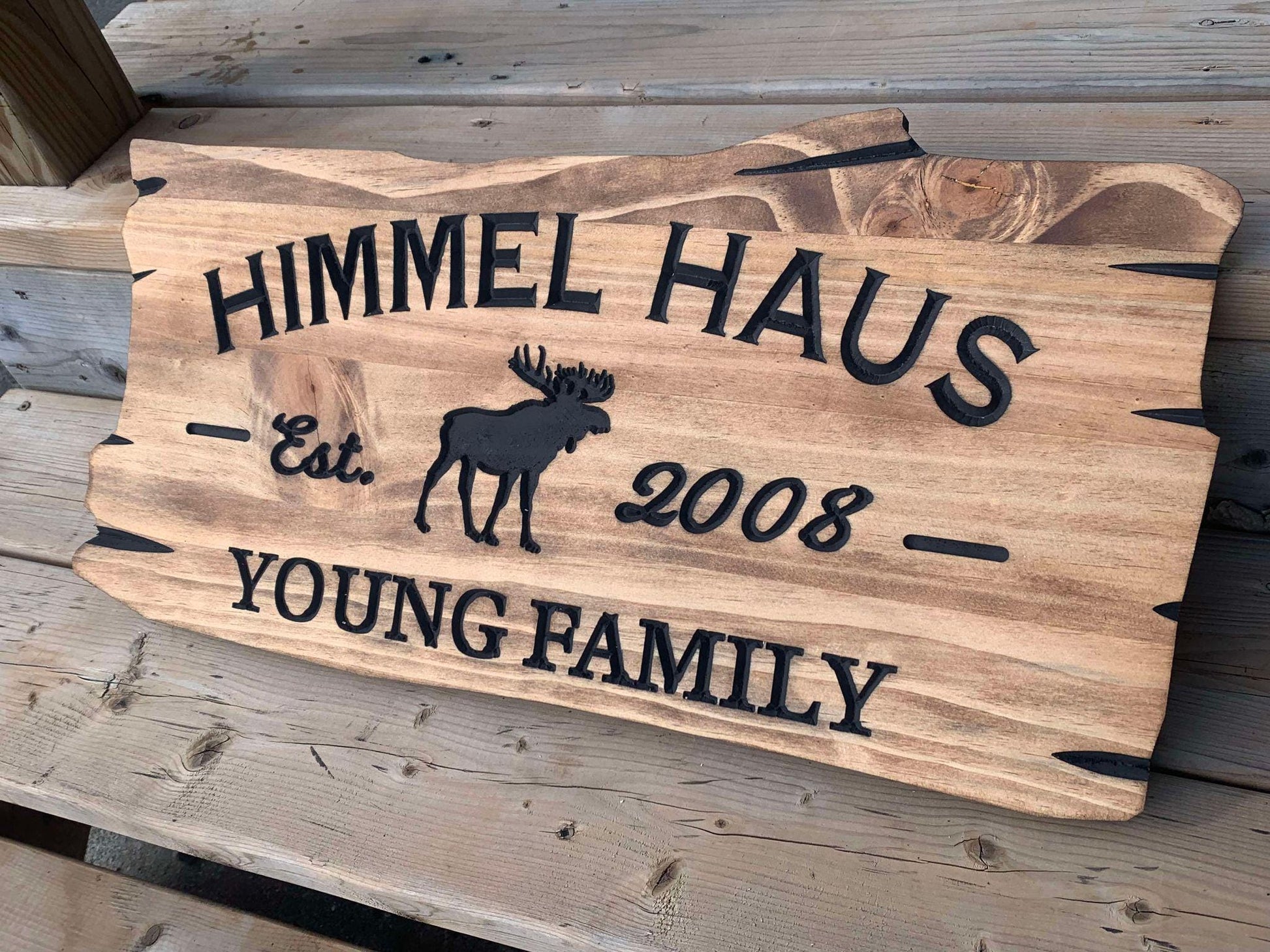 Rustic Wooden Cabin Sign with Moose Detail - Personalized Outdoor Decor