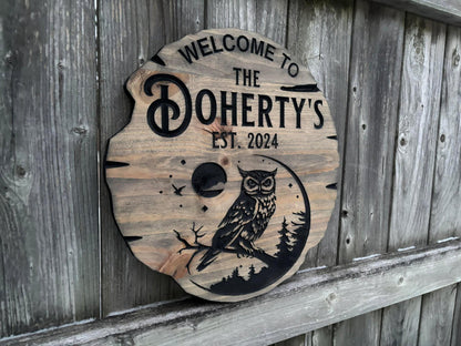 Custom Owl Sign – Personalized Wooden Owl Decor, Rustic Wall Art for Cabin, Nursery, or Home, Carved Animal Gift