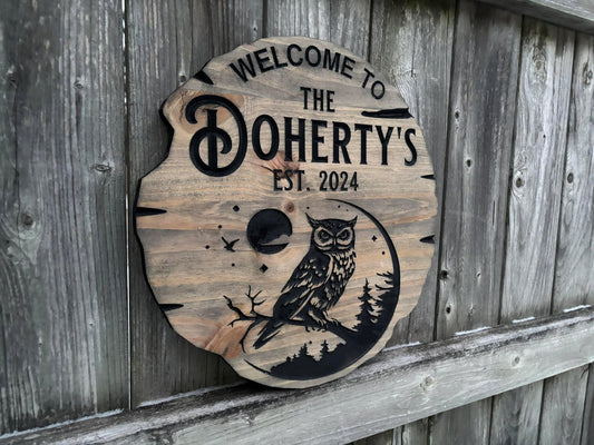 Custom Owl Sign – Personalized Wooden Owl Decor, Rustic Wall Art for Cabin, Nursery, or Home, Carved Animal Gift