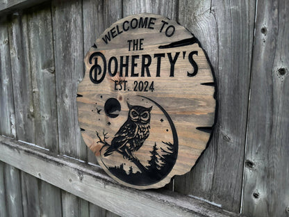 Custom Owl Sign – Personalized Wooden Owl Decor, Rustic Wall Art for Cabin, Nursery, or Home, Carved Animal Gift