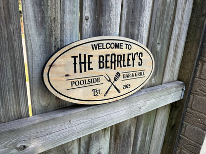Custom Rustic Poolside Bar and Grill Sign – Outdoor Garden or Backyard Bar Decor, Weatherproof BBQ & Grill Station Plaque